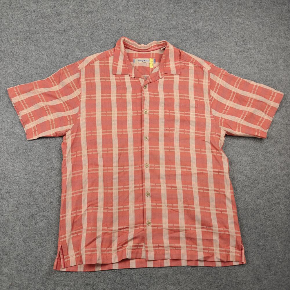 Tommy Bahama Shirt Mens Large Orange Plaid Silk Cotton Short Sleeve Button-Up